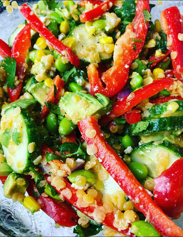 Rainbow 🌈 Edamame Red Lentil Salad (Vegan if you omit feta)