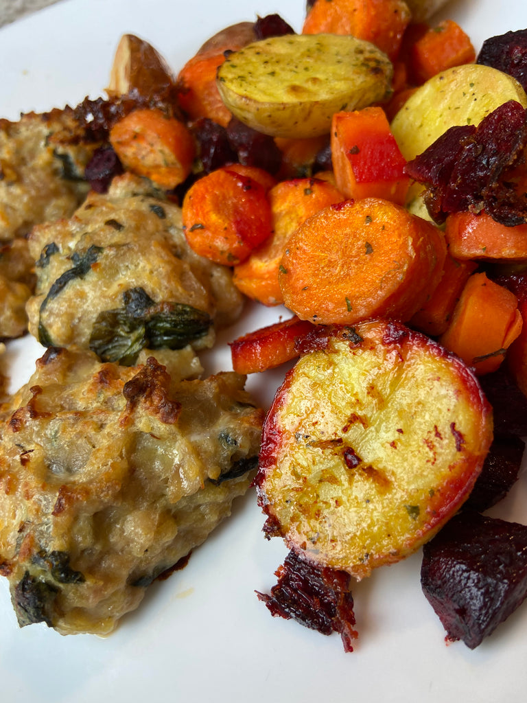 Chicken/Spinach Baked Meatballs w rustic Fall veggiesRecipe