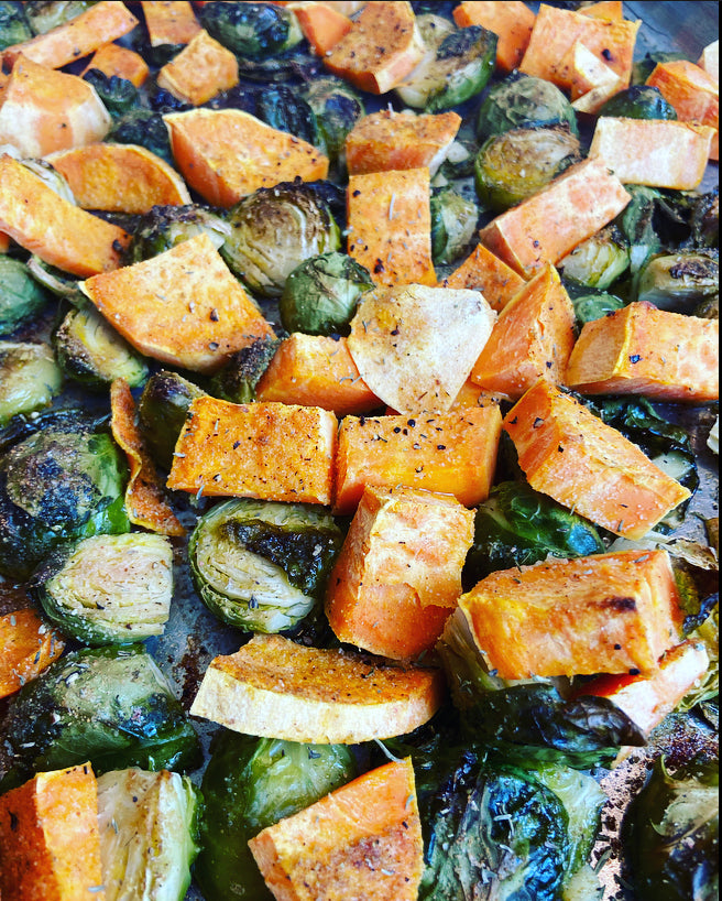 Oven Roasted Sweet Potatoes and Roasted Brussels Sprouts Recipe